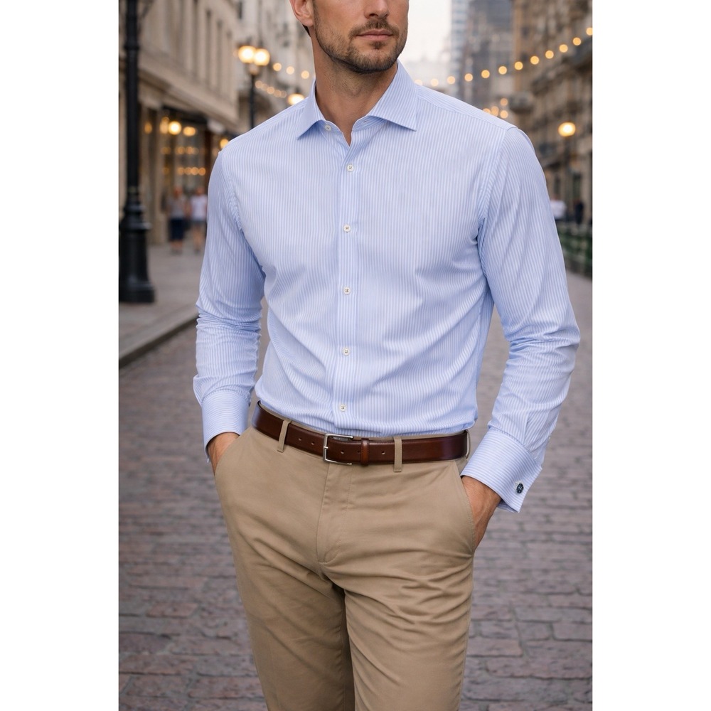 T.M. Lewin Jermyn St Blue White Stripe Dress Shirt 16 35 Regular Fit French Cuff